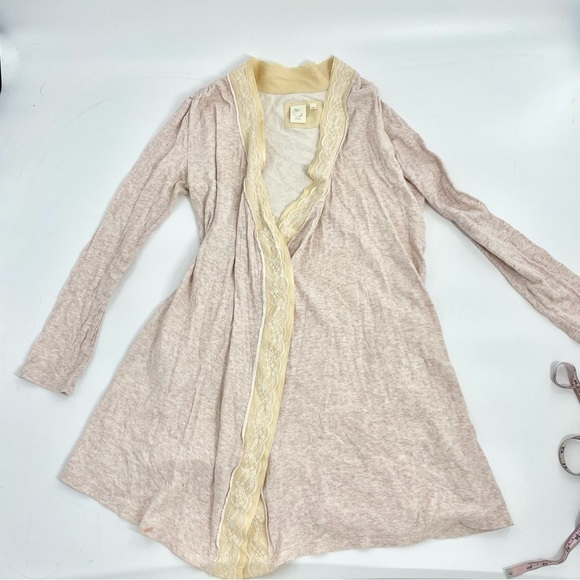 E by Eloise Anthropologie Cream Neutral Oatmeal Jersey Lace Tie Robe - Picture 1 of 10